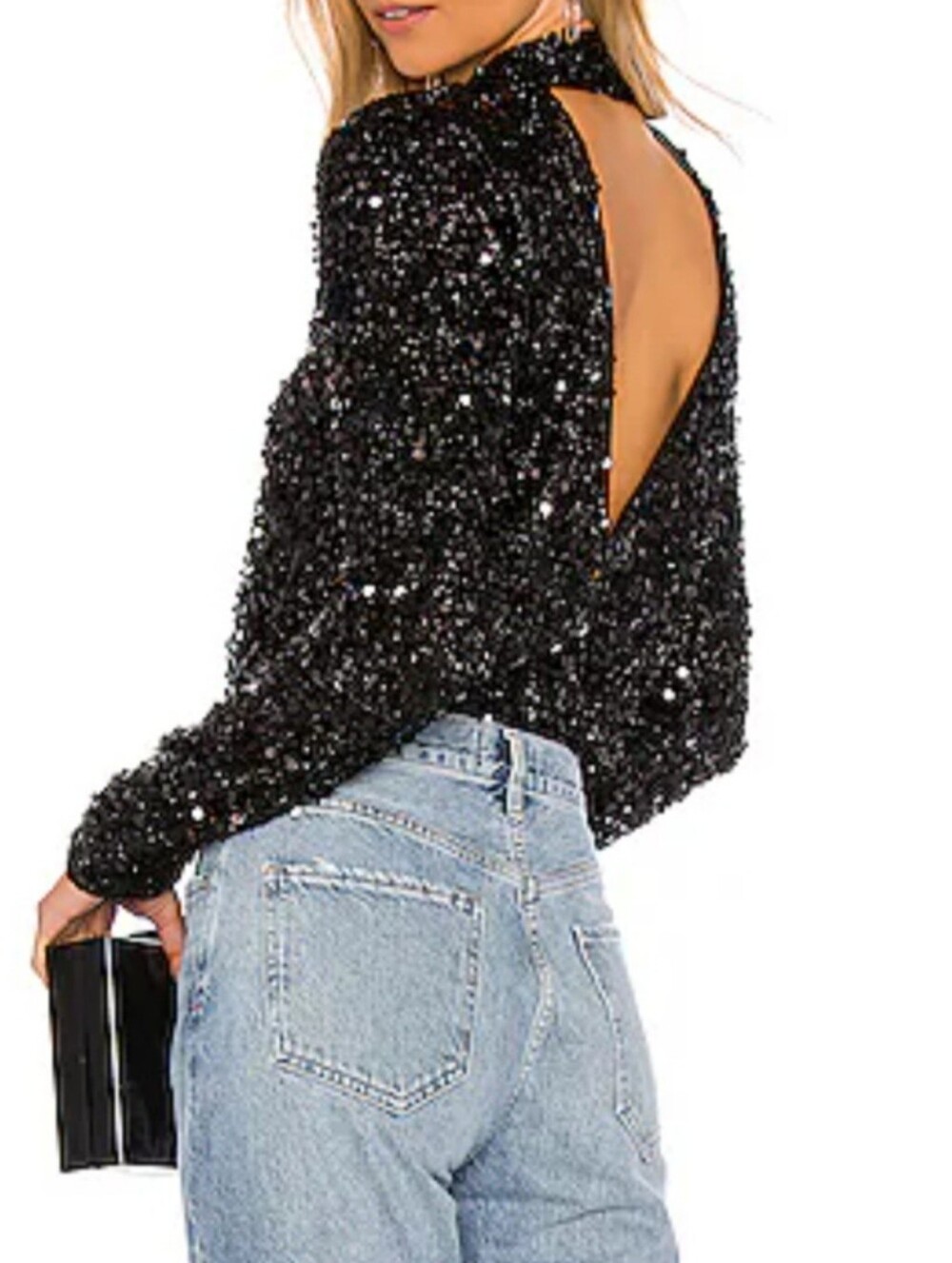 LPA Black Sequin Open-Back Long Sleeve Bodysuit